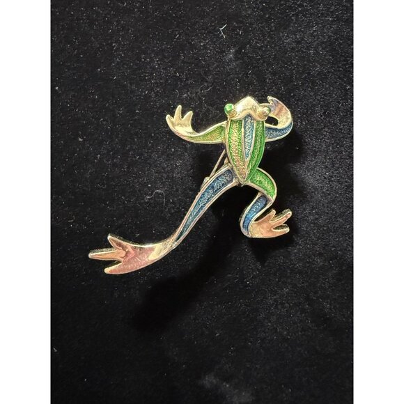 Vintage Gerrys Enamel Frog Brooch Pin Green & Blue Gold-Tone 3D Design - Picture 3 of 5